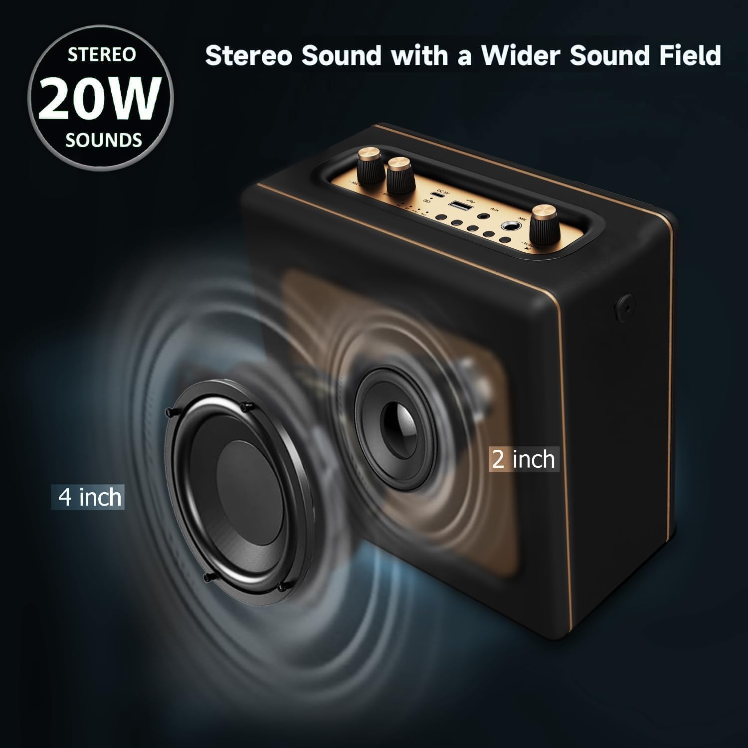 Retro Bluetooth Speaker 20W Goud/Zwart - 29% Korting
