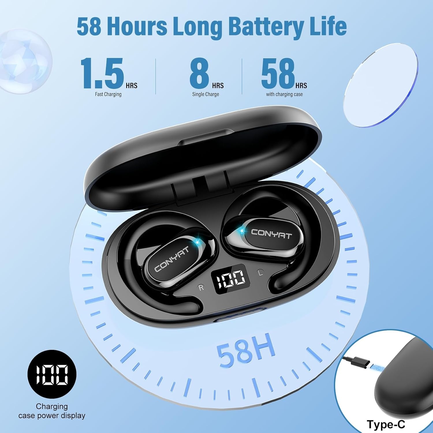 Open-Ear Sport Koptelefoon: 58u Speeltijd, Bluetooth 5.4, IPX7 (Zwart) - 28% Korting!