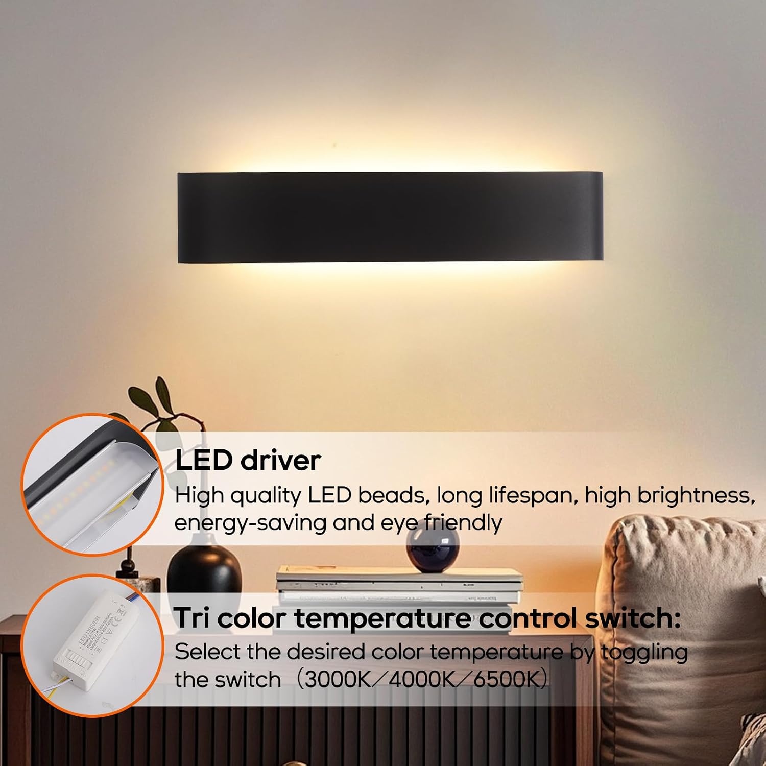 4x Zwarte Wandlamp Binnen 18W Dimmbaar - 3000-6500K - 2160LM