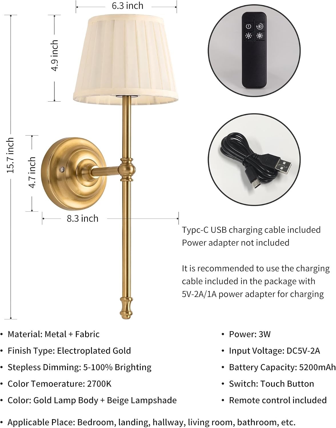 Draadloze Wandlampen Goud/Beige (Set van 2) - 3 Kleuren, Dimbaar