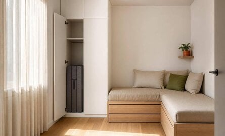 Logeerkamer compleet met retour: bed, opvouwbaar matras & kast