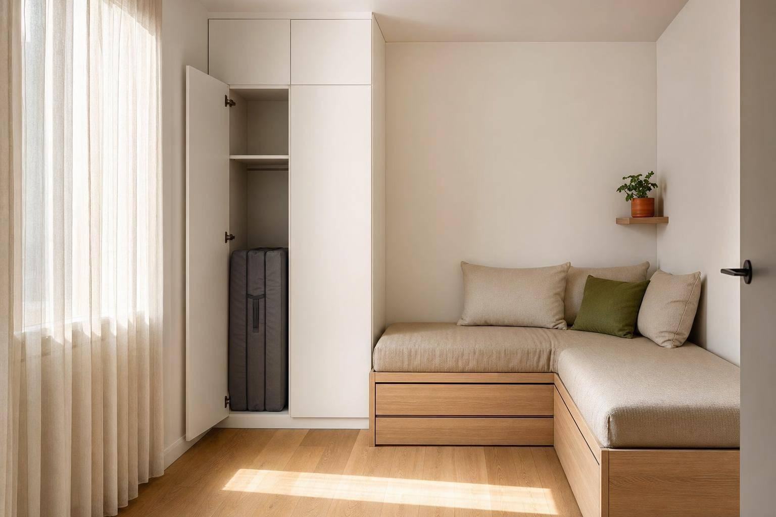 Logeerkamer compleet met retour: bed, opvouwbaar matras & kast