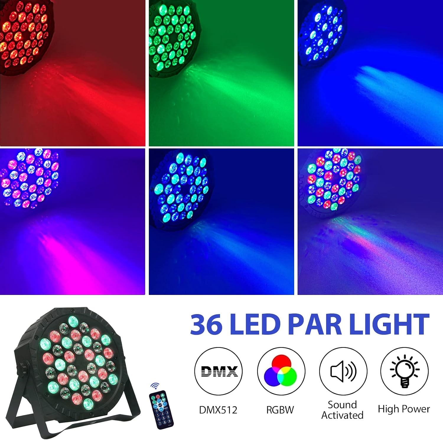 LED Par Spotlight 36 LED 72W discolicht partylicht RGB DMX512 met afstandsbediening, podiumlicht 7 lichtmodi DJ licht voor party bar stage festival show - Maat 1 STK