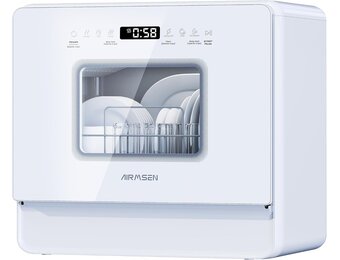 AIRMSEN Tafelvaatwasser, mini-vaatwasser met wateronthardingssysteem, 7+2 programma's en 5 liter watertank, compacte vaatwasser met/zonder wateraansluiting, ideaal voor appartementen, camper, wit
