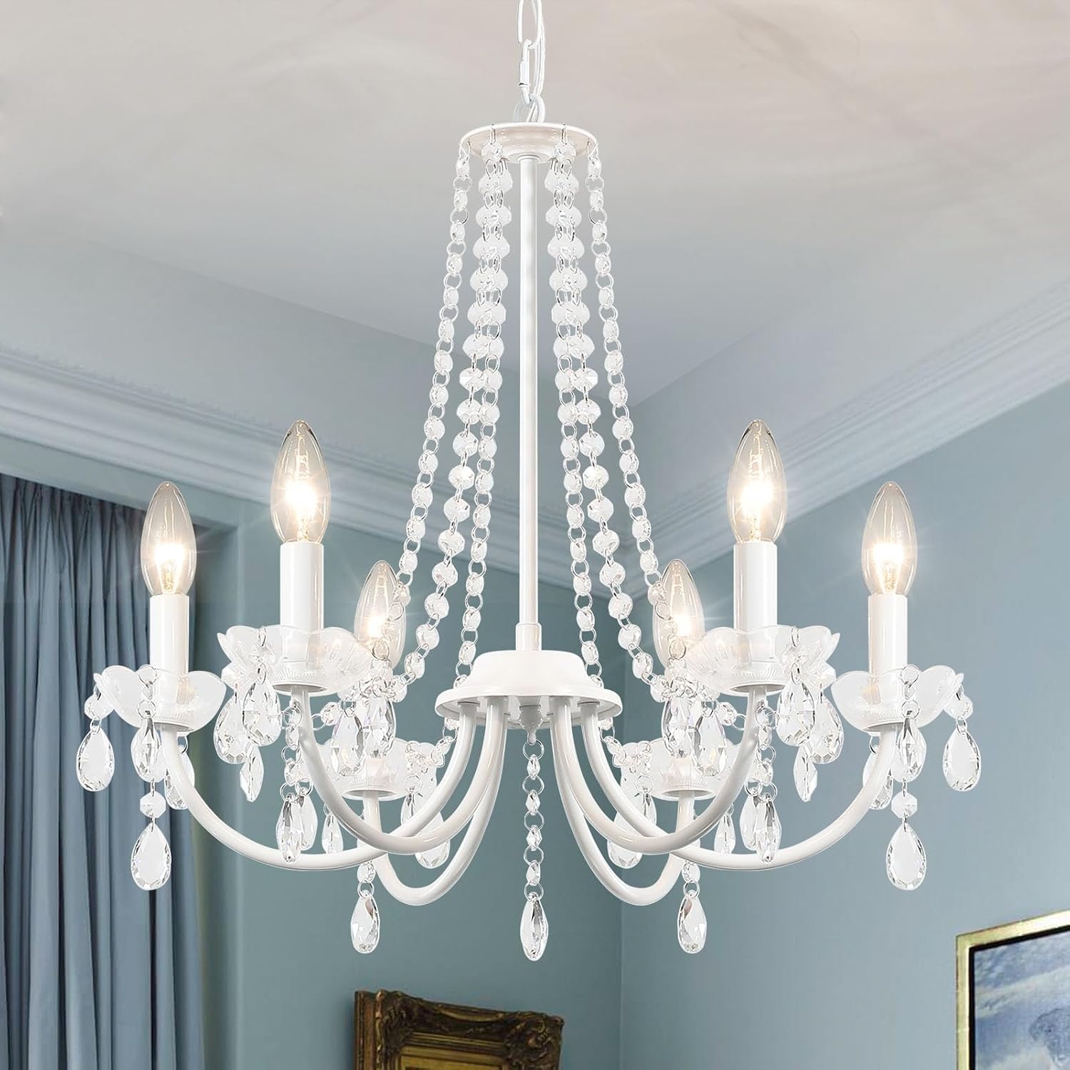 Kristallen kroonluchter, 6 lichten kroonluchters plafondlamp, moderne kroonluchter wit, E14 Base hanglamp, kristallen plafondverlichting voor woonkamer, eetkamer, slaapkamer, hal, keuken
