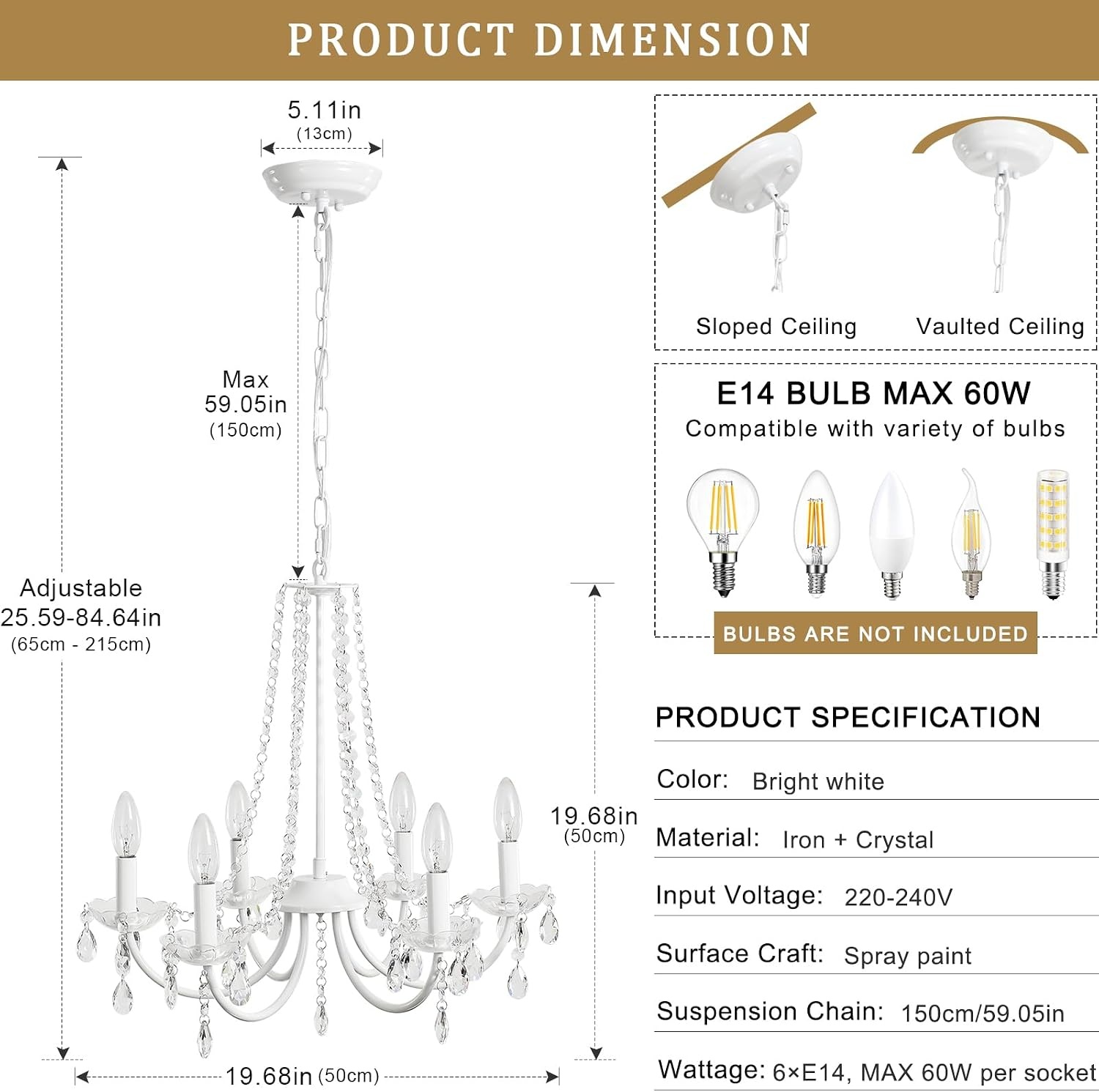 Kristallen kroonluchter, 6 lichten kroonluchters plafondlamp, moderne kroonluchter wit, E14 Base hanglamp, kristallen plafondverlichting voor woonkamer, eetkamer, slaapkamer, hal, keuken
