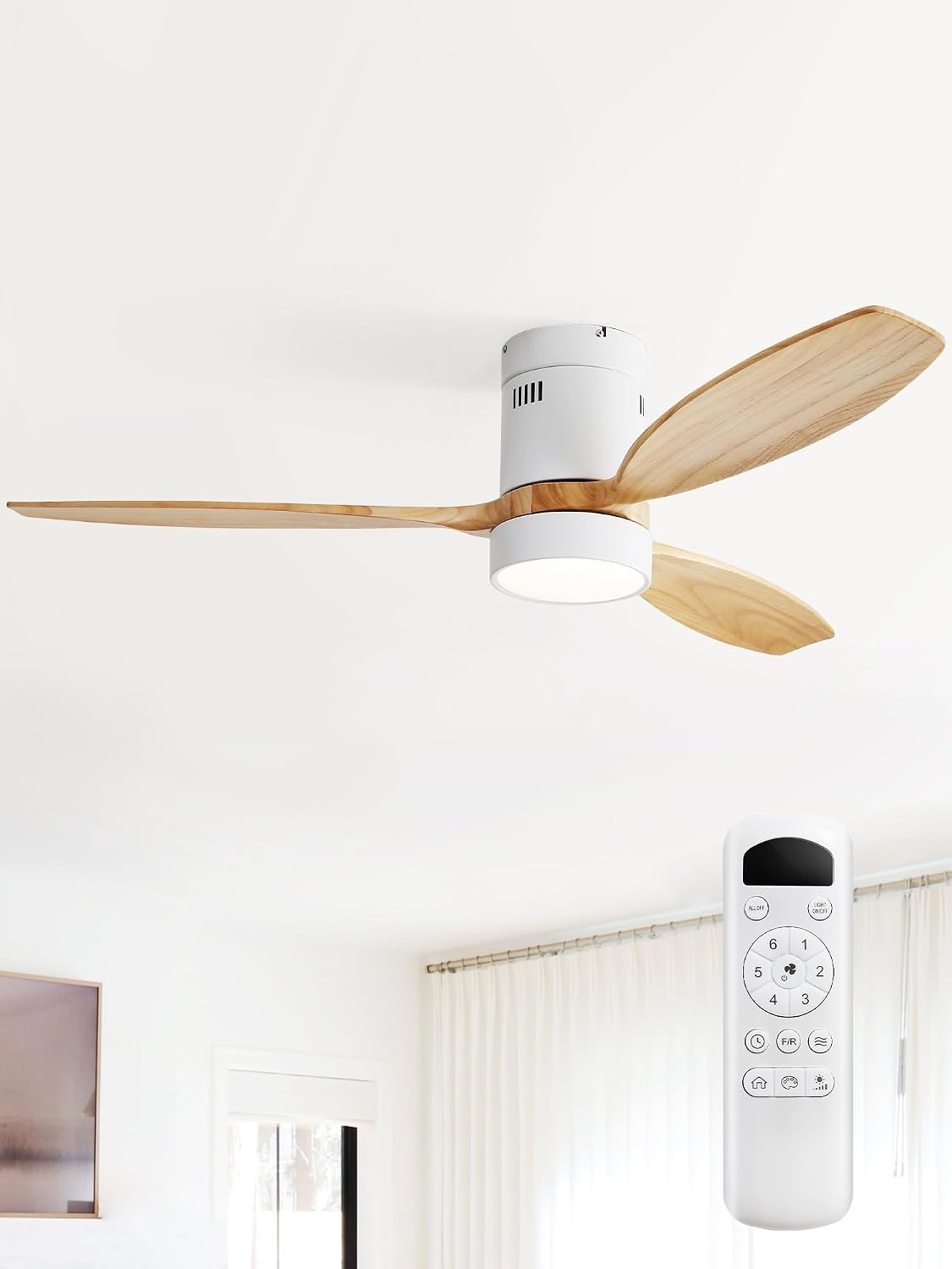 Sofucor Plafondventilator met ledverlichting, 132 cm, plafondventilatorlamp met afstandsbediening, 3 houten vleugels, DC-motor, timer, 3 kleurtemperaturen en 6 snelheden, zomerse wintermodus