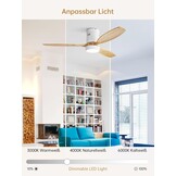 Sofucor Plafondventilator met ledverlichting, 132 cm, plafondventilatorlamp met afstandsbediening, 3 houten vleugels, DC-motor, timer, 3 kleurtemperaturen en 6 snelheden, zomerse wintermodus