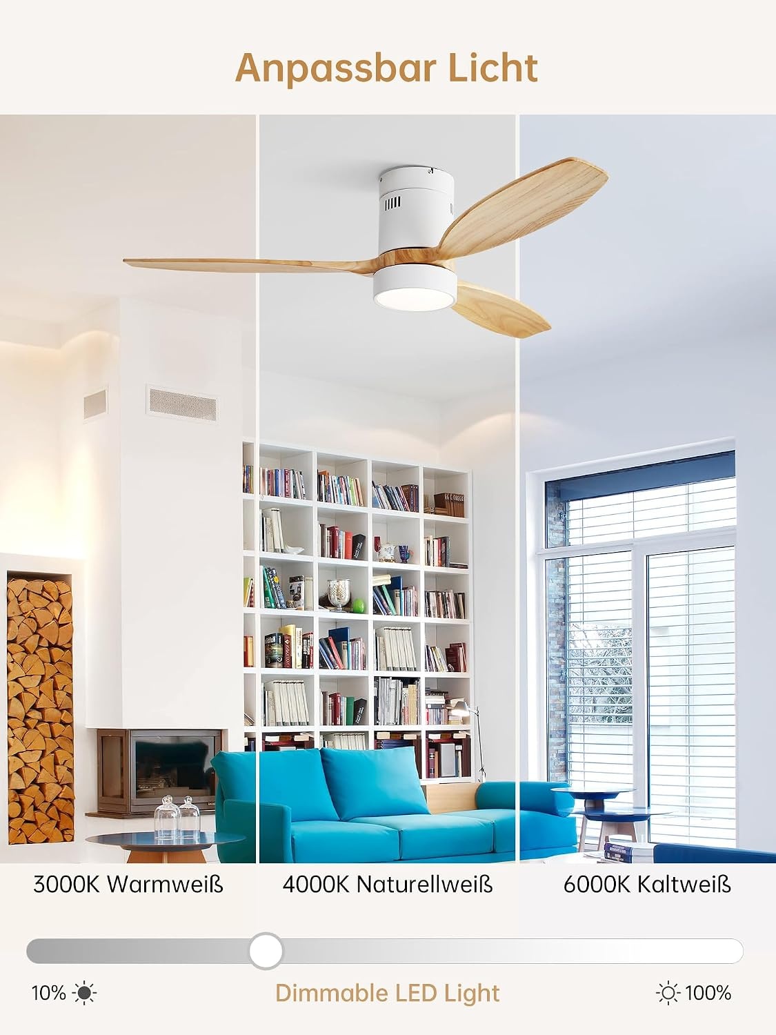 Sofucor Plafondventilator met ledverlichting, 132 cm, plafondventilatorlamp met afstandsbediening, 3 houten vleugels, DC-motor, timer, 3 kleurtemperaturen en 6 snelheden, zomerse wintermodus
