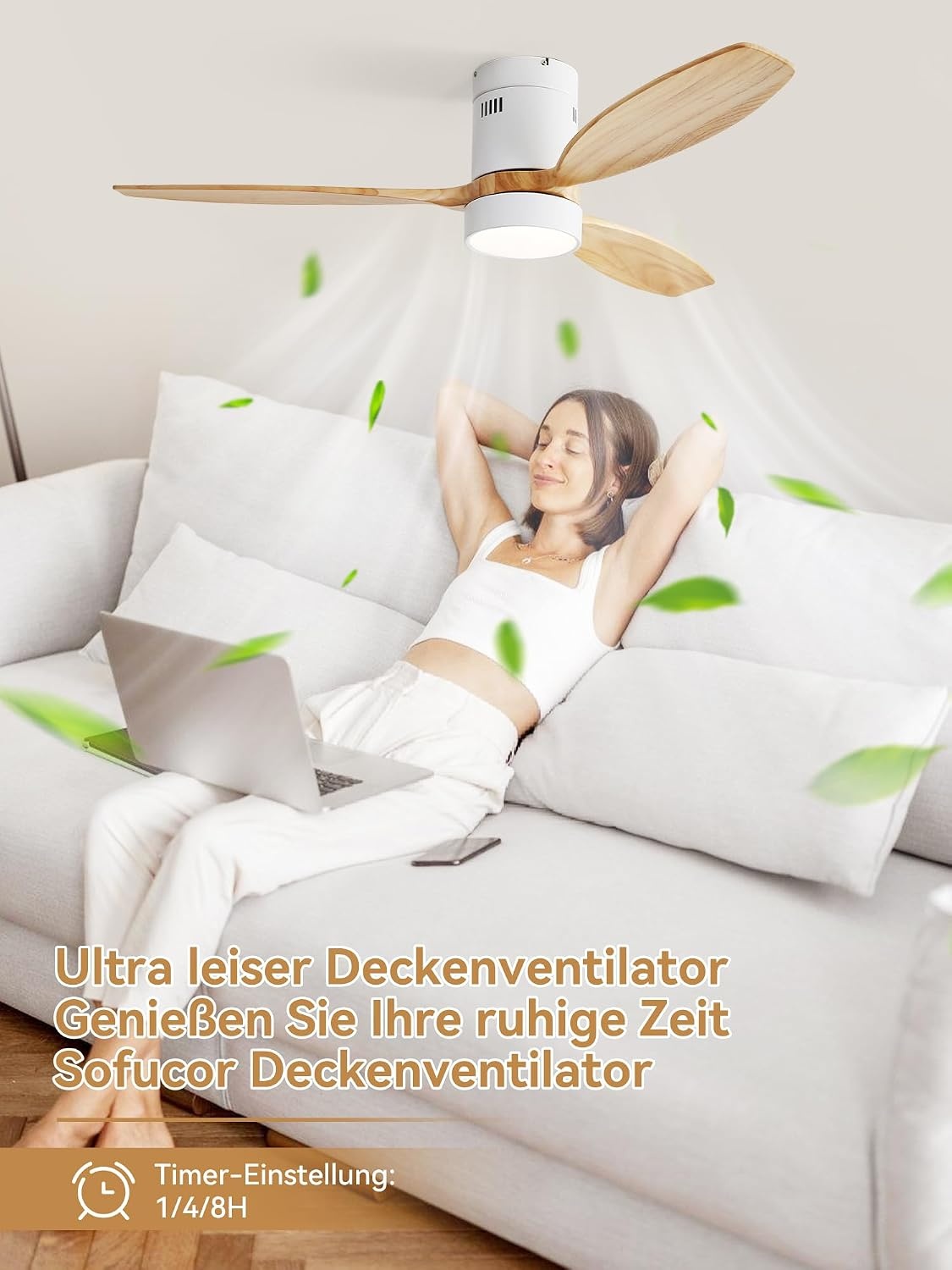 Sofucor Plafondventilator met ledverlichting, 132 cm, plafondventilatorlamp met afstandsbediening, 3 houten vleugels, DC-motor, timer, 3 kleurtemperaturen en 6 snelheden, zomerse wintermodus
