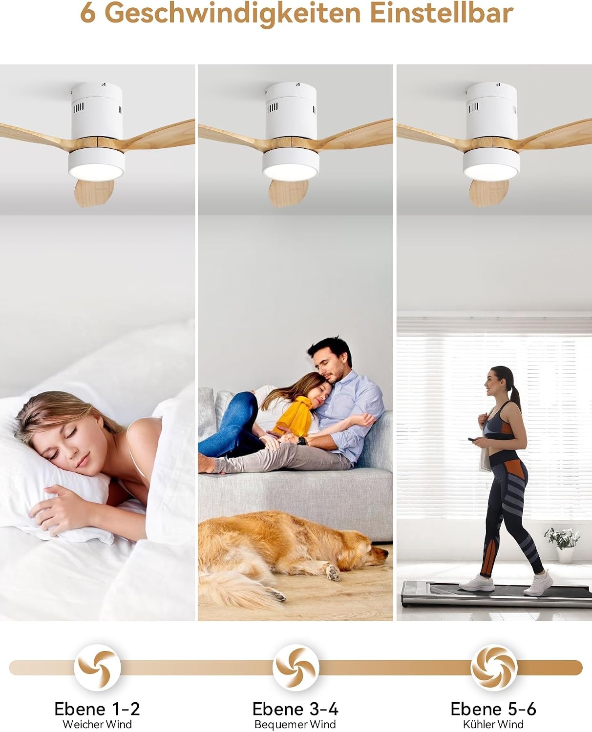 Sofucor Plafondventilator met ledverlichting, 132 cm, plafondventilatorlamp met afstandsbediening, 3 houten vleugels, DC-motor, timer, 3 kleurtemperaturen en 6 snelheden, zomerse wintermodus