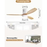Sofucor Plafondventilator met ledverlichting, 132 cm, plafondventilatorlamp met afstandsbediening, 3 houten vleugels, DC-motor, timer, 3 kleurtemperaturen en 6 snelheden, zomerse wintermodus