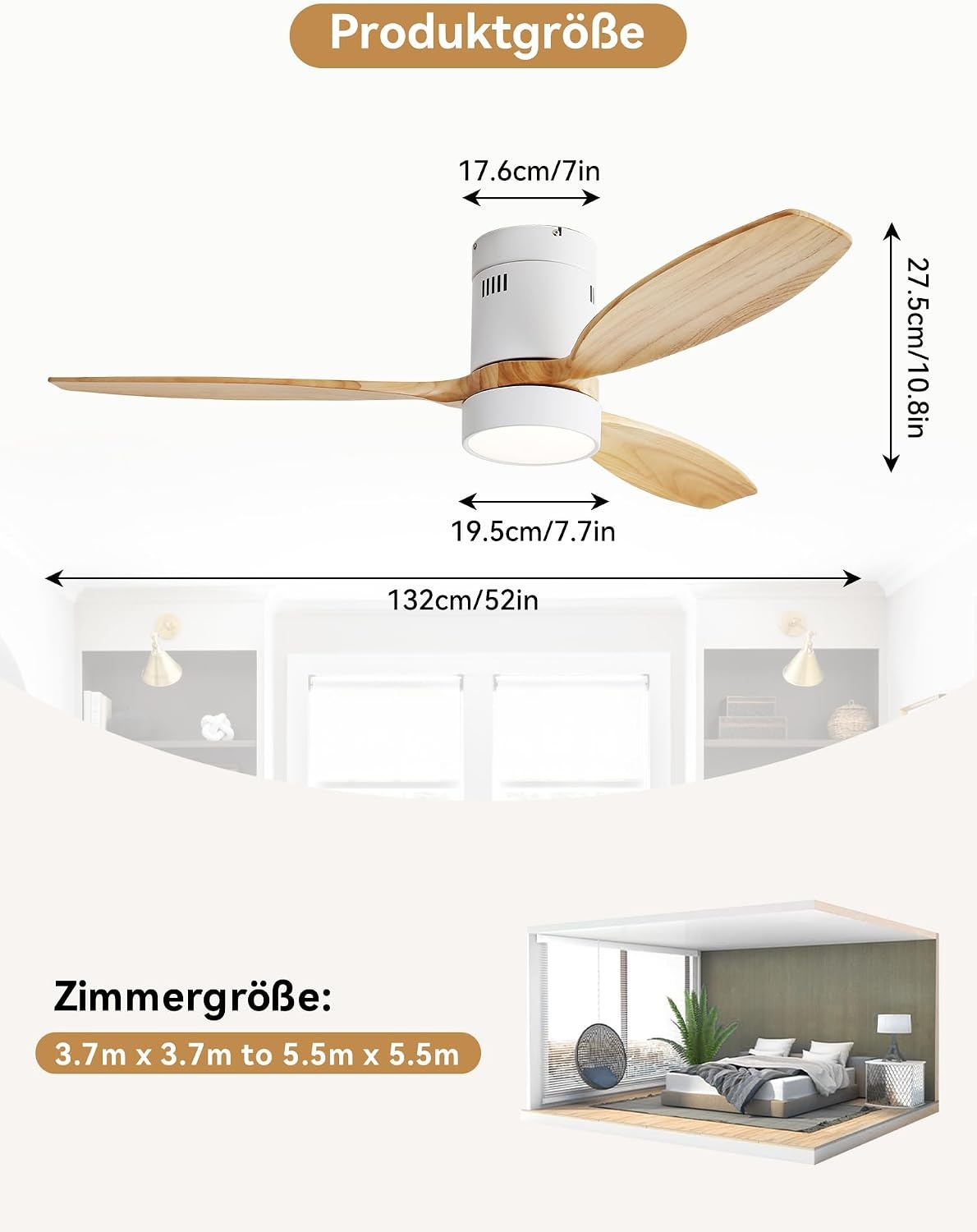Sofucor Plafondventilator met ledverlichting, 132 cm, plafondventilatorlamp met afstandsbediening, 3 houten vleugels, DC-motor, timer, 3 kleurtemperaturen en 6 snelheden, zomerse wintermodus