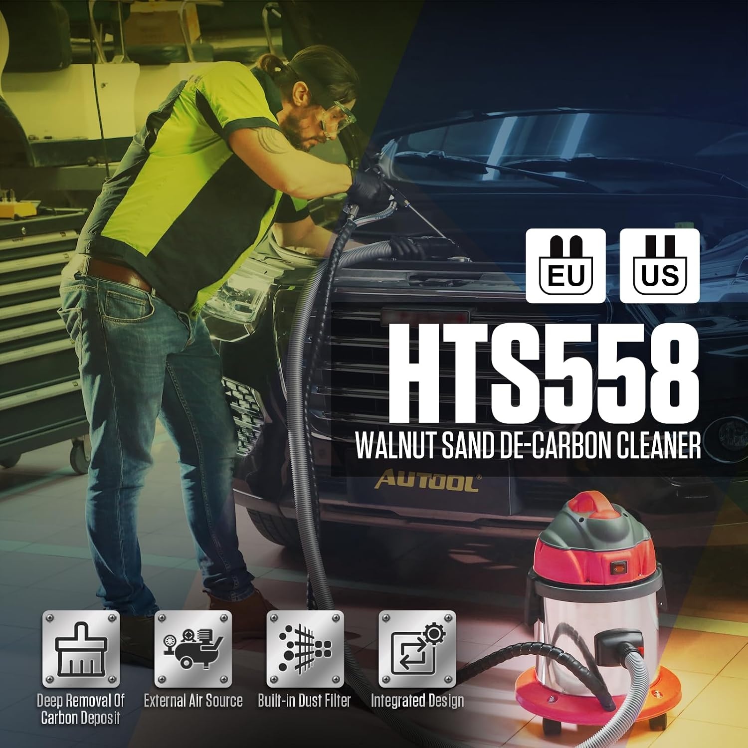 Walnoot Blaster,HTS558 Walnootzand DE-koolstofreiniger,Auto-walnootreiniger,1200W Motor Koolstofafzetting Inlaatspruitstuk & Uitlaatklepreiniger met 23 adapters, 2 kg walnootzand, 110V/220V
