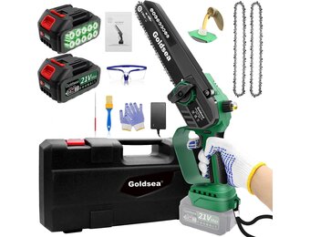 Goldsea Accukettingzaag, 8 inch mini-kettingzaag met accu, olietank, max. 21 V, 4,0 Ah, borstelloze motor, gereedschapsloze kettingspanning en automatische kettingsmering, batterijniveau-indicator,