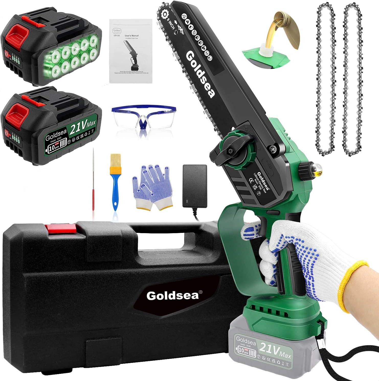Goldsea Accukettingzaag, 8 inch mini-kettingzaag met accu, olietank, max. 21 V, 4,0 Ah, borstelloze motor, gereedschapsloze kettingspanning en automatische kettingsmering, batterijniveau-indicator,