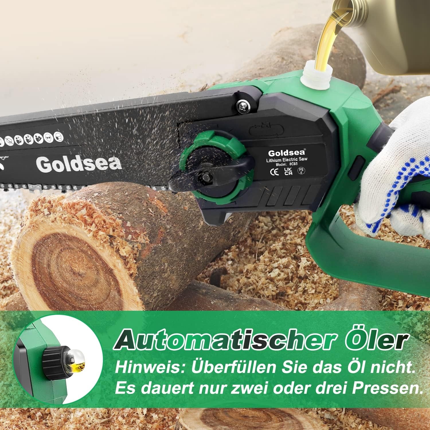 Goldsea Accukettingzaag, 8 inch mini-kettingzaag met accu, olietank, max. 21 V, 4,0 Ah, borstelloze motor, gereedschapsloze kettingspanning en automatische kettingsmering, batterijniveau-indicator,