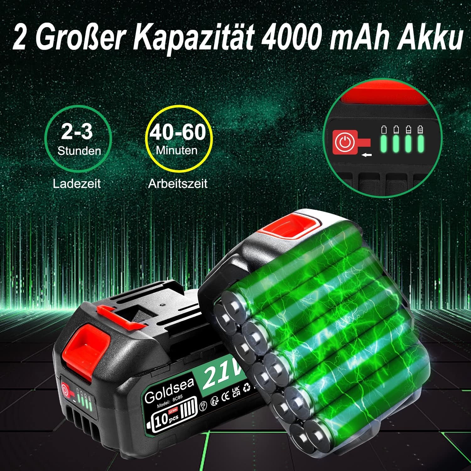 Goldsea Accukettingzaag, 8 inch mini-kettingzaag met accu, olietank, max. 21 V, 4,0 Ah, borstelloze motor, gereedschapsloze kettingspanning en automatische kettingsmering, batterijniveau-indicator,