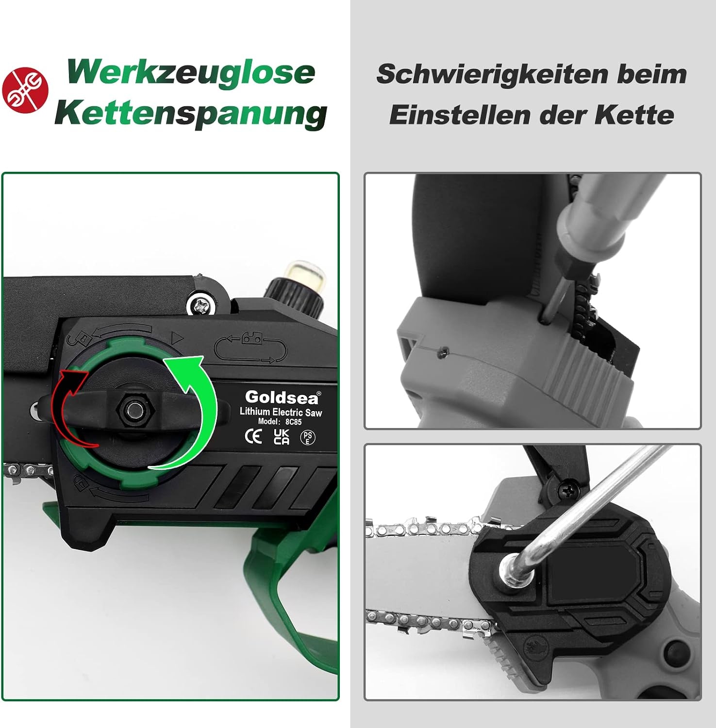 Goldsea Accukettingzaag, 8 inch mini-kettingzaag met accu, olietank, max. 21 V, 4,0 Ah, borstelloze motor, gereedschapsloze kettingspanning en automatische kettingsmering, batterijniveau-indicator,