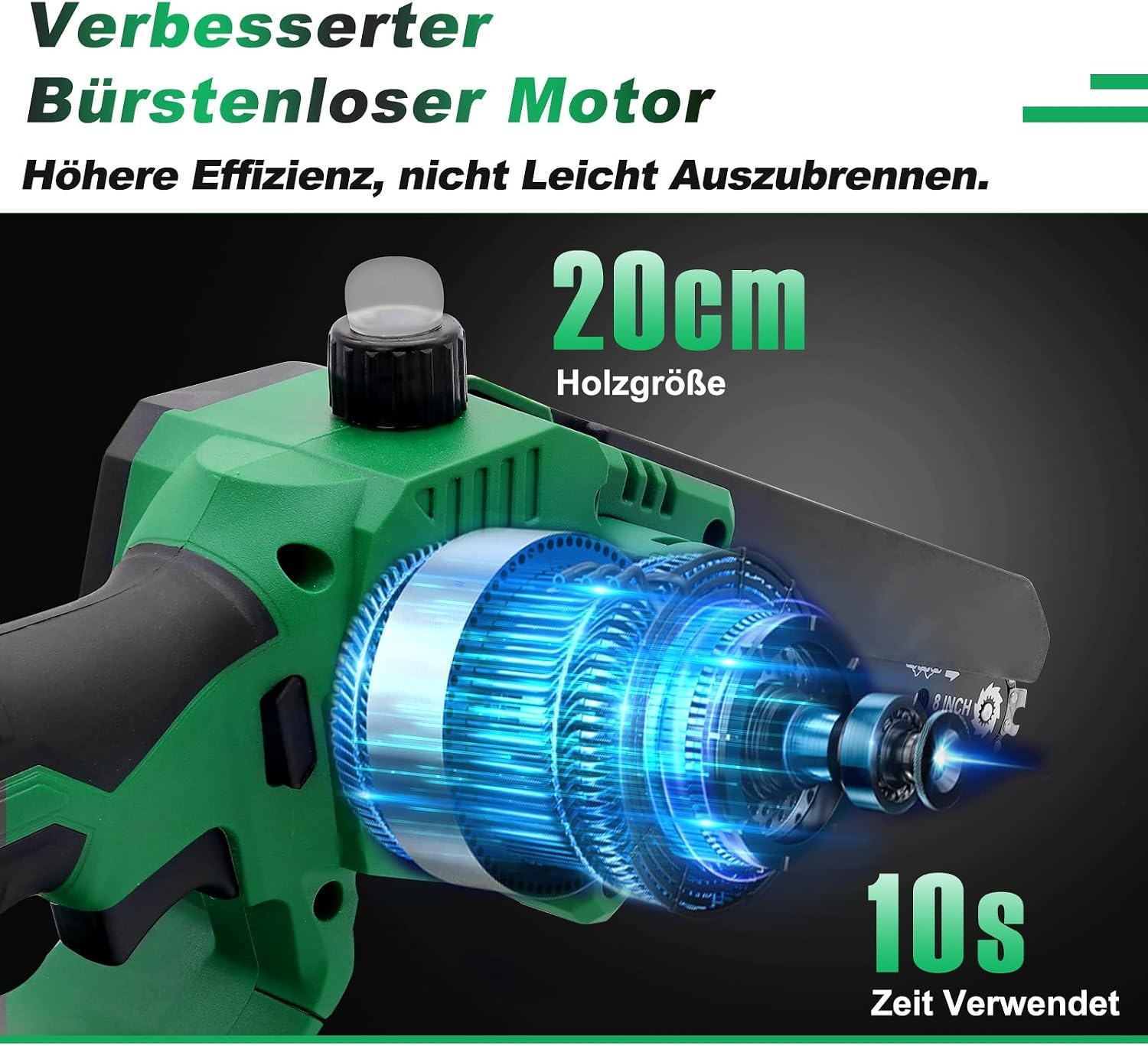 Goldsea Accukettingzaag, 8 inch mini-kettingzaag met accu, olietank, max. 21 V, 4,0 Ah, borstelloze motor, gereedschapsloze kettingspanning en automatische kettingsmering, batterijniveau-indicator,