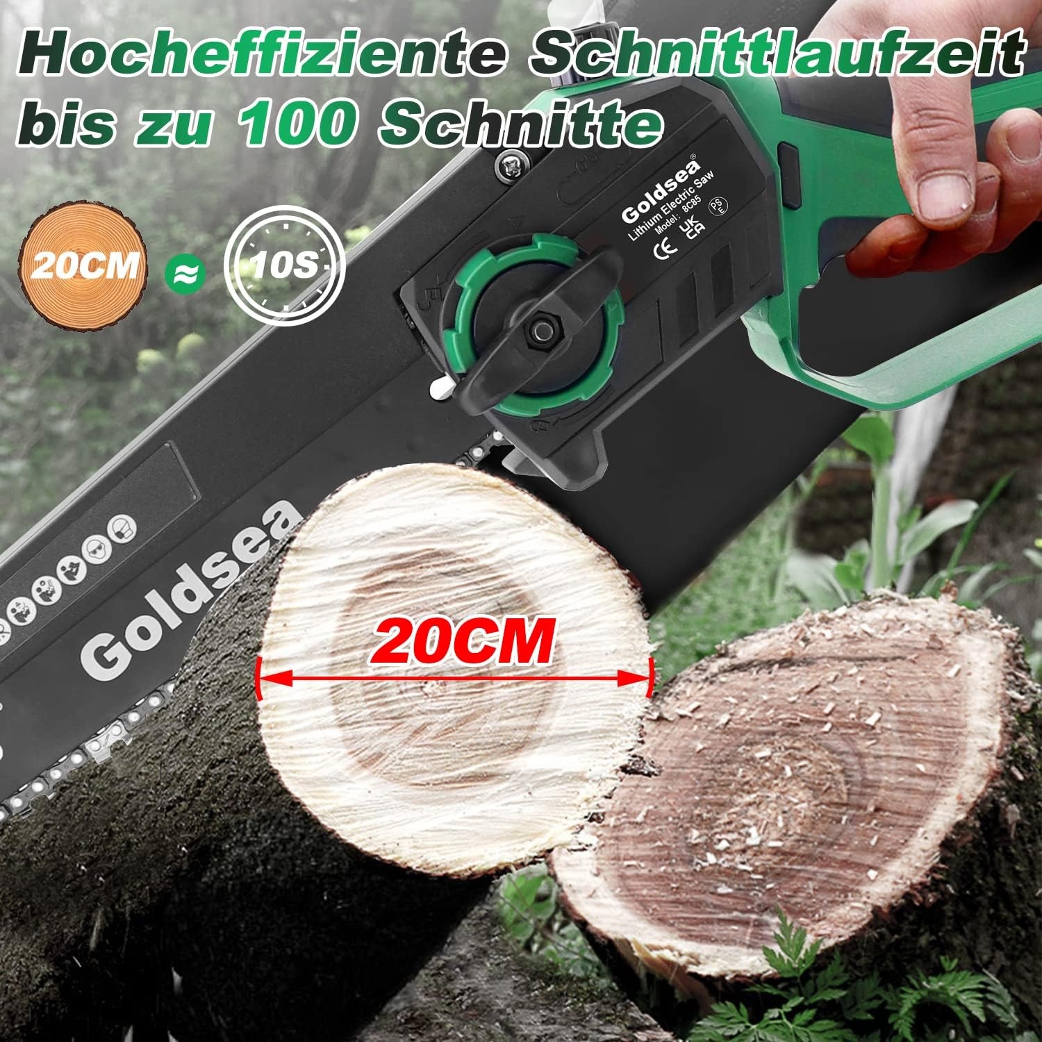 Goldsea Accukettingzaag, 8 inch mini-kettingzaag met accu, olietank, max. 21 V, 4,0 Ah, borstelloze motor, gereedschapsloze kettingspanning en automatische kettingsmering, batterijniveau-indicator,