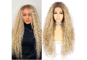 Krullende Blond Ombre Pruik - Kant Vooraan 66cm - 40% Korting
