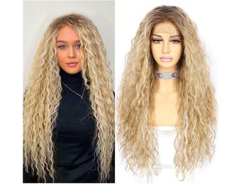 Sapphirewigs Krullende Kant Vooraan Pruik Blond met Hoogtepunten Synthetische Pruiken voor Vrouwen Donkere Wortels 13x3 Dagelijks Gebruik Feest Kerstmis Halloween Hittebestendig 66 cm