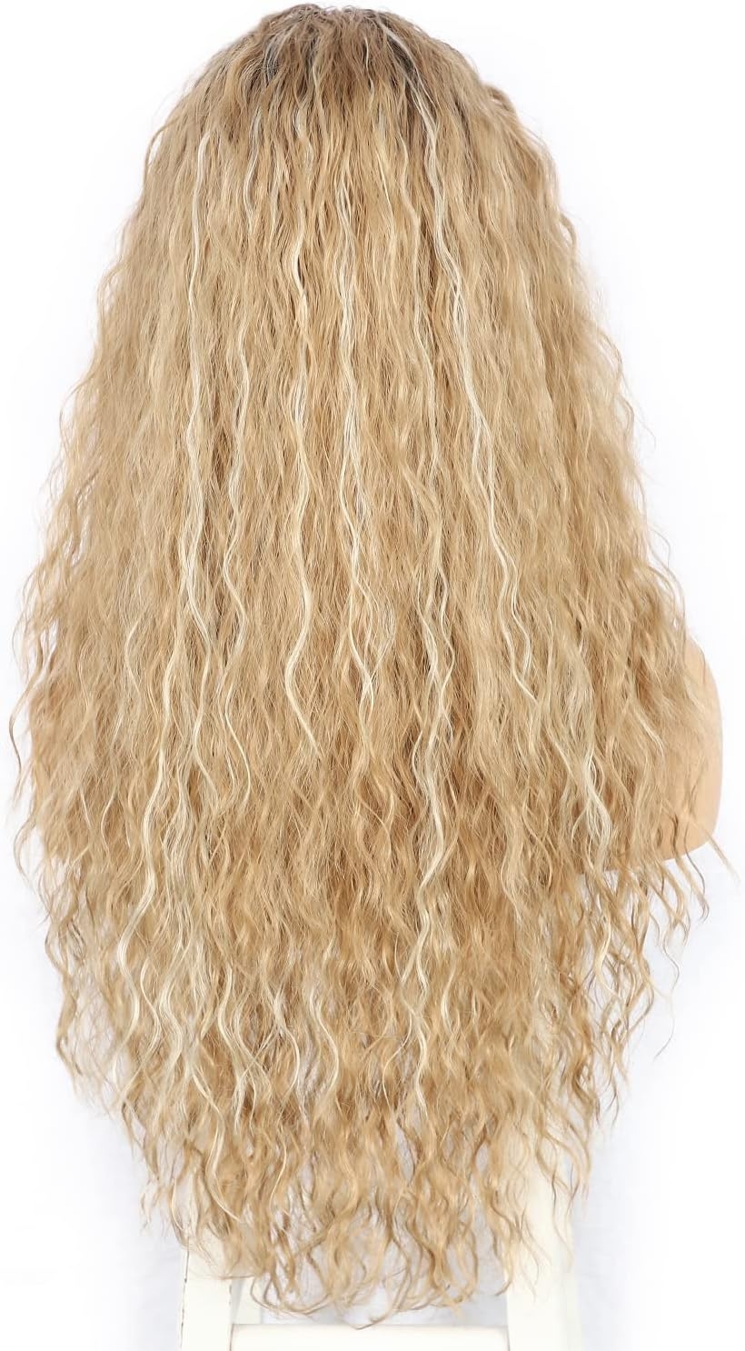 Krullende Blond Ombre Pruik met Donkere Wortels 66 cm Kant Vooraan Synthetisch met 60% Korting
