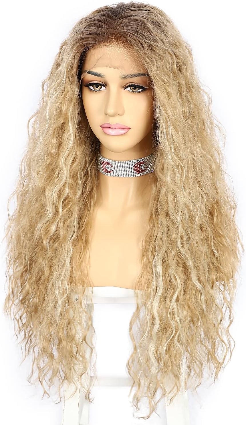 Krullende Blond Ombre Pruik met Donkere Wortels 66 cm Kant Vooraan Synthetisch met 60% Korting