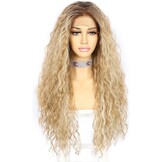 Krullende Blond Ombre Pruik met Donkere Wortels 66 cm Kant Vooraan Synthetisch met 60% Korting