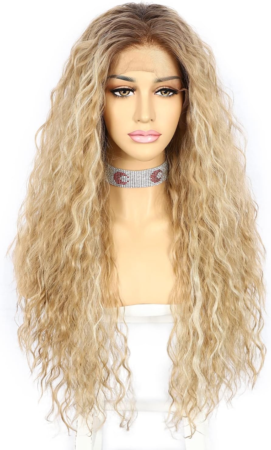 Krullende Blond Ombre Pruik met Donkere Wortels 66 cm Kant Vooraan Synthetisch met 60% Korting