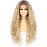 Krullende Blond Ombre Pruik met Donkere Wortels 66 cm Kant Vooraan Synthetisch met 60% Korting