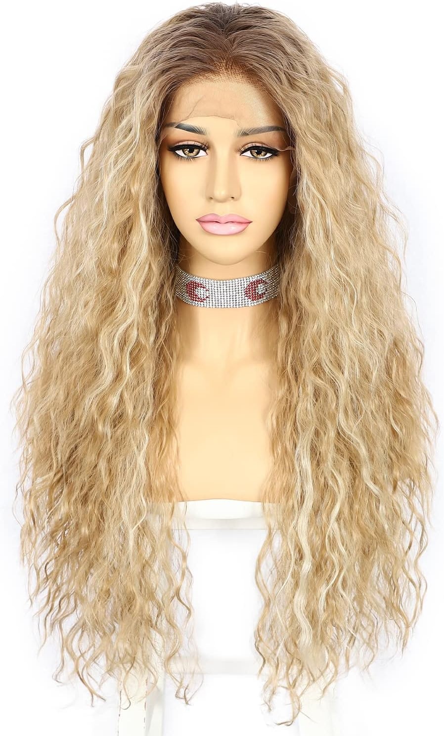 Krullende Blond Ombre Pruik met Donkere Wortels 66 cm Kant Vooraan Synthetisch met 60% Korting