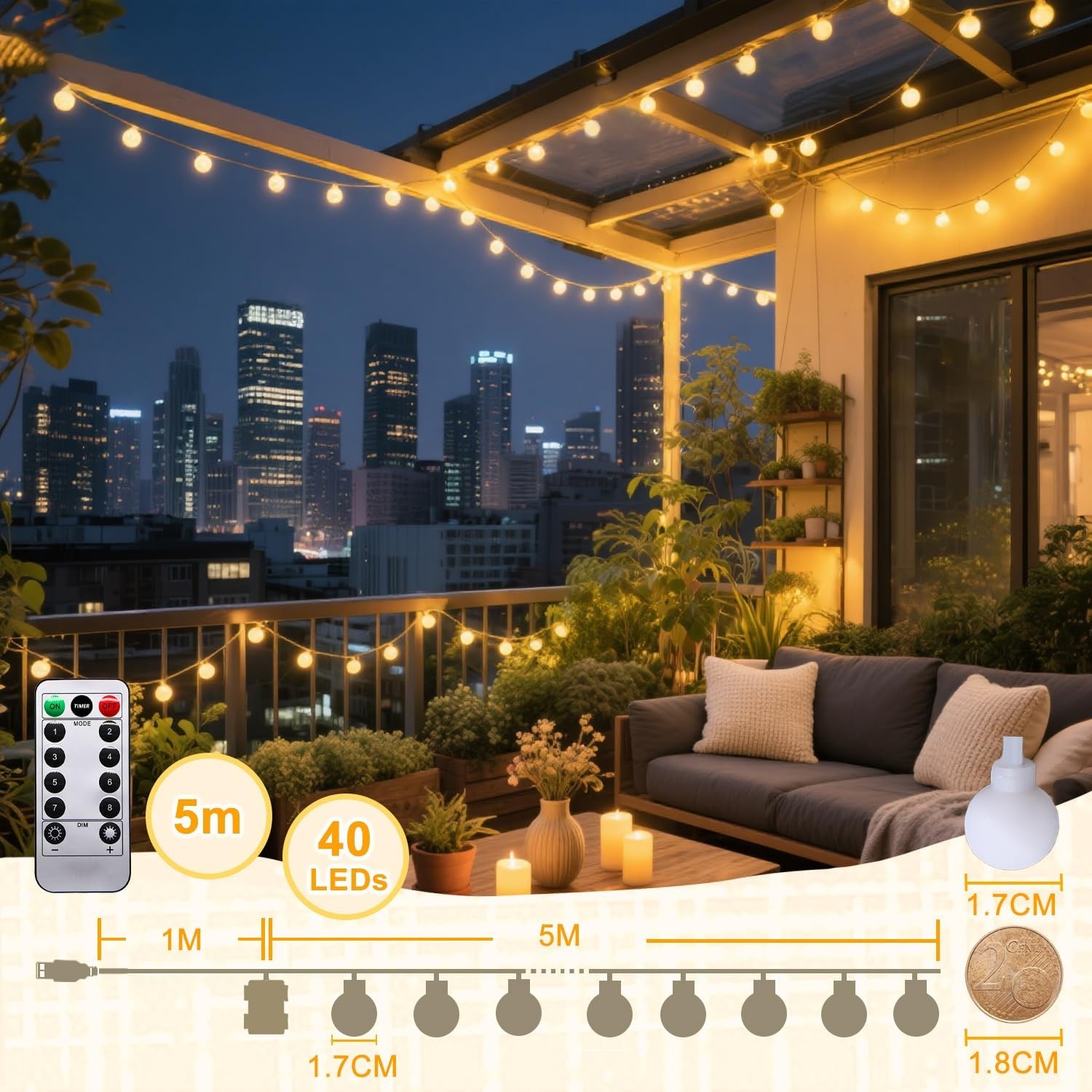 Taiyongkang LED Fairy Lights - 6 Meter - 40 LED - Warm Wit - Met Afstandsbediening en Timer