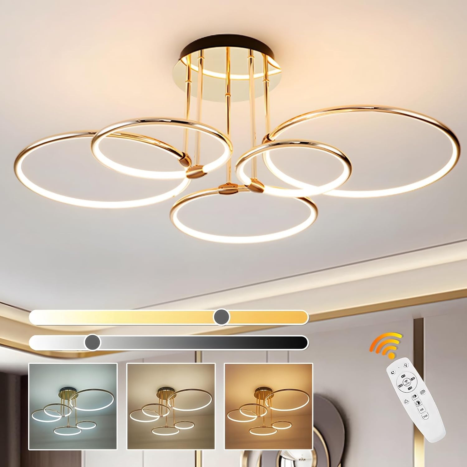 5-Rings Gouden LED Plafondlamp met Afstandsbediening - 47% Korting