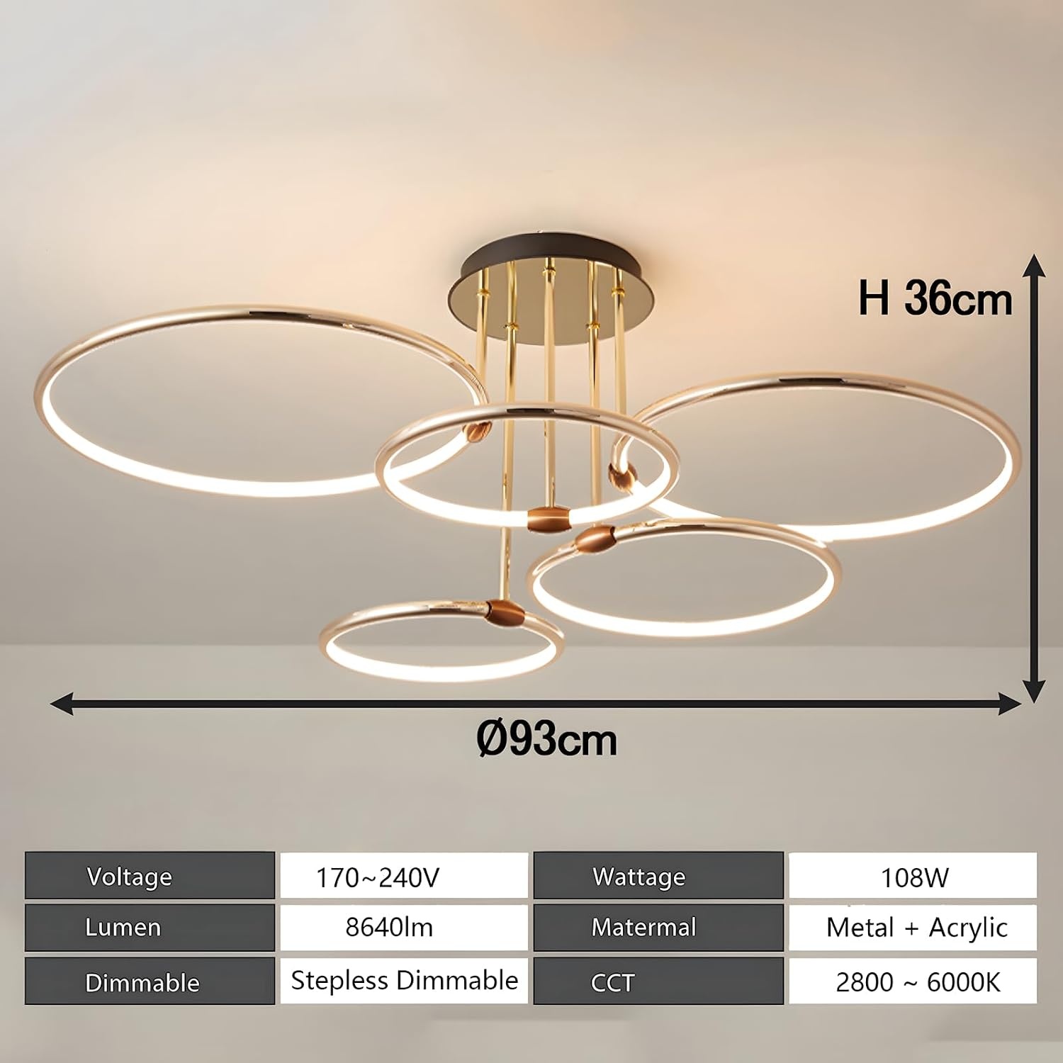 5-Rings Gouden LED Plafondlamp met Afstandsbediening - 47% Korting
