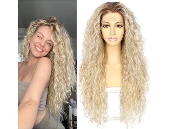 Sapphirewigs Krullende Lace Front Pruik Blond Synthetische Pruiken voor Vrouwen Mix Blond 13x3 Dagelijks Dragen Feest Kerstmis Halloween Hittebestendig 26 inch