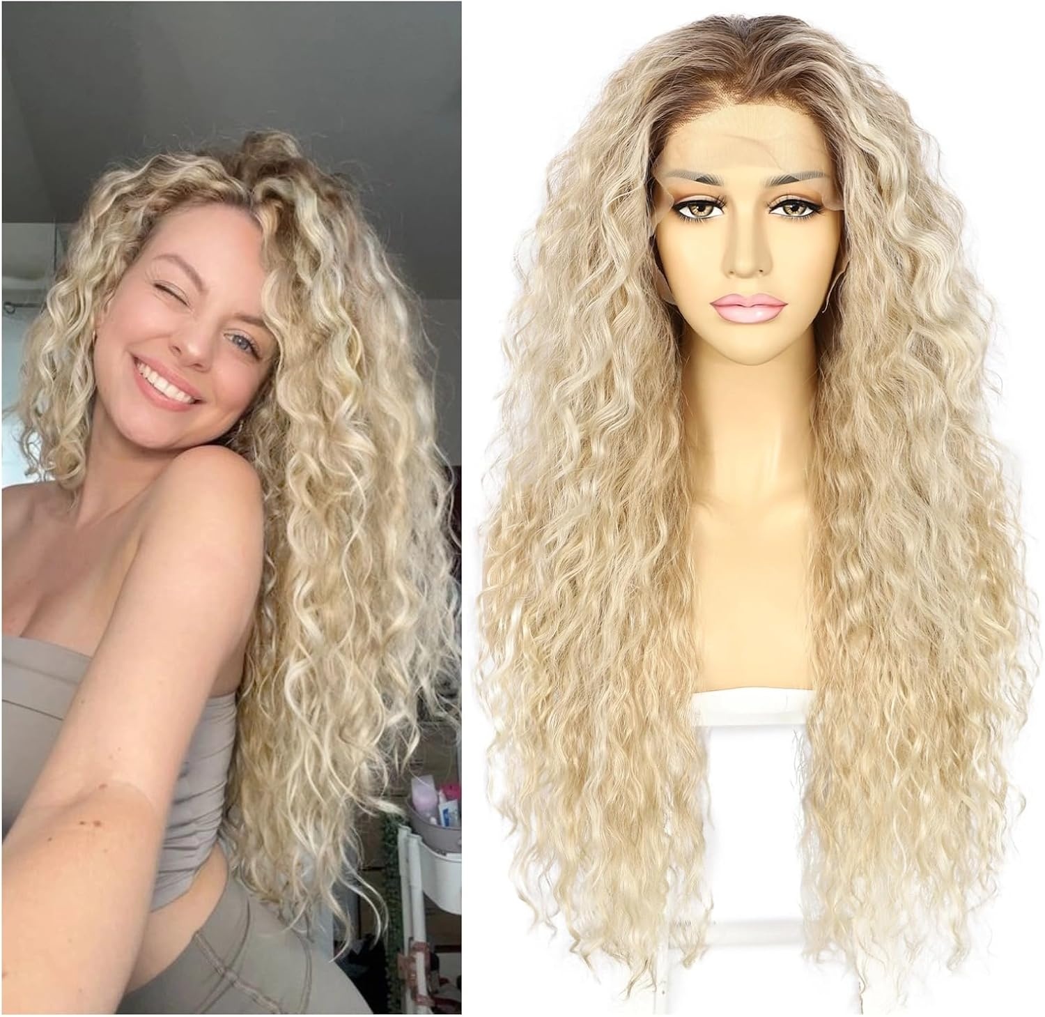 Krullende Blond Lace Front Pruik - Hittebestendig Synthetisch, 57% Korting