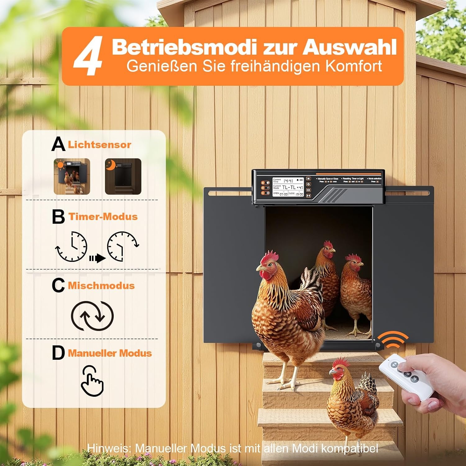 Grote automatische kippenklep op zonne-energie, zijdelingse openende dubbele schuifdeur, elektrische kippenklep, automatische kippendeur met timer, lichtsensor, afstandsbediening