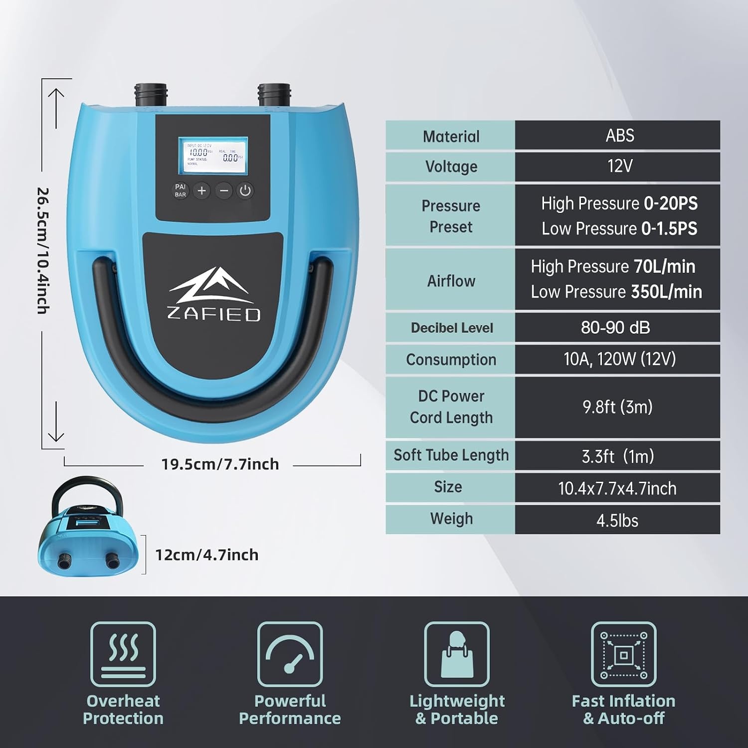 Sup 20 PSI hoge druk 12 V DC elektrische luchtpomp auto-off slimme draagbare pomp en deflator met twee niveaus digitaal lcd-display voor stand-up paddleboard, opblaasbare boot