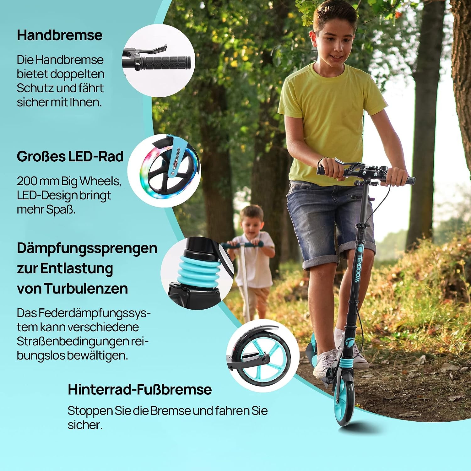 TENBOOM Step, volwassenen, inklapbaar, cityroller, in hoogte verstelbaar, voor kinderen, 10 jaar, step, 2 wielen, kickscooter met handrem en bel