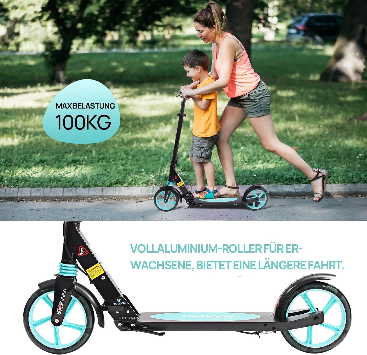 TENBOOM Step, volwassenen, inklapbaar, cityroller, in hoogte verstelbaar, voor kinderen, 10 jaar, step, 2 wielen, kickscooter met handrem en bel