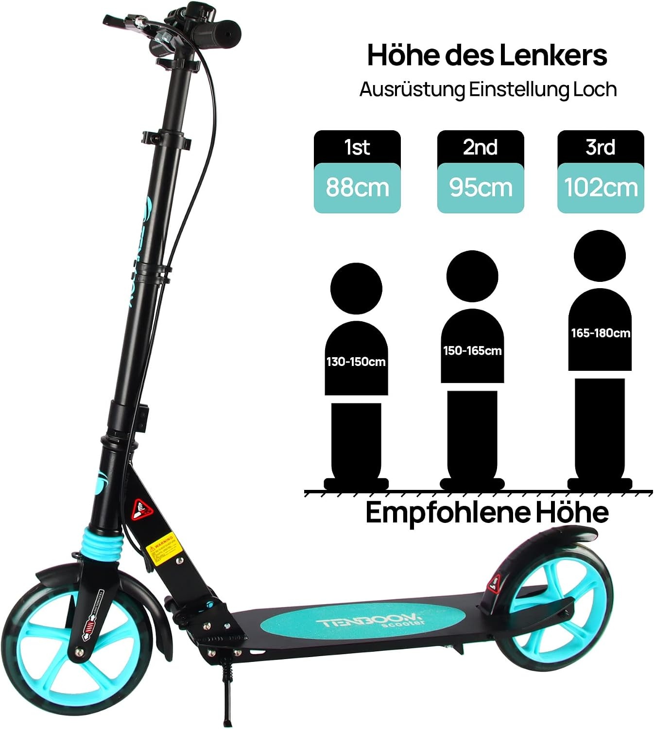 TENBOOM Step, volwassenen, inklapbaar, cityroller, in hoogte verstelbaar, voor kinderen, 10 jaar, step, 2 wielen, kickscooter met handrem en bel