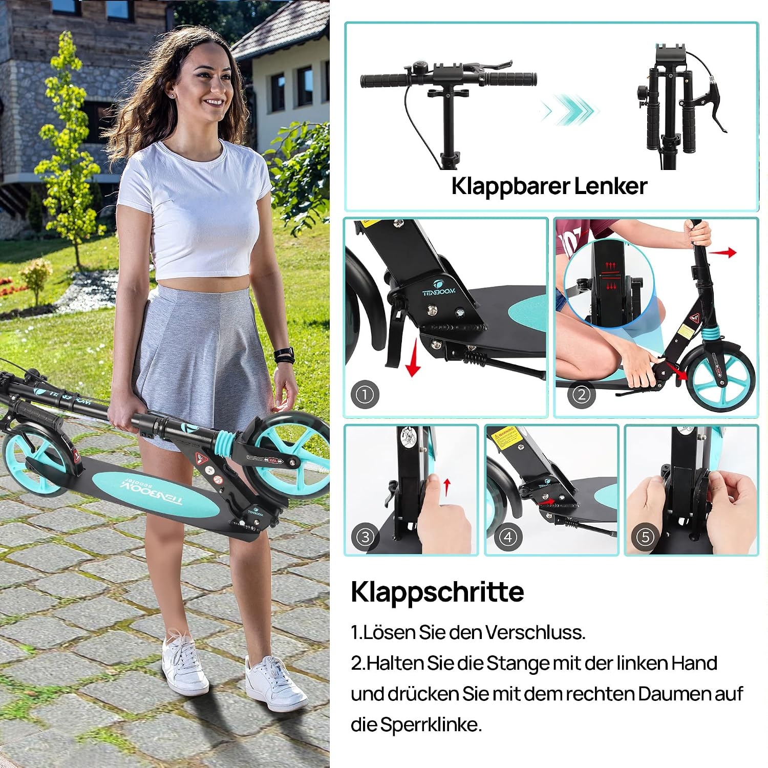 TENBOOM Step, volwassenen, inklapbaar, cityroller, in hoogte verstelbaar, voor kinderen, 10 jaar, step, 2 wielen, kickscooter met handrem en bel