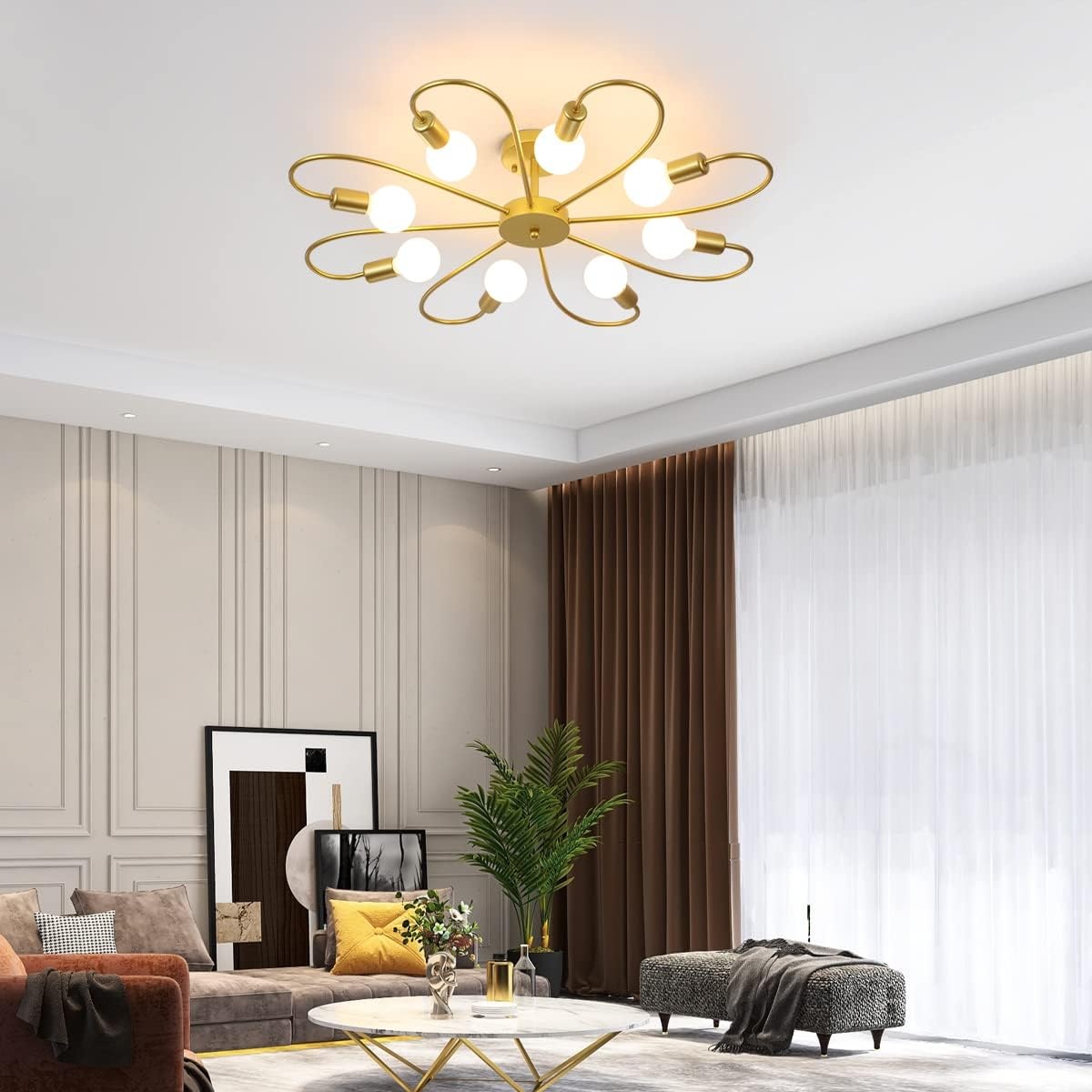 Qcyuui moderne 8-lichts plafondlamp industriële sputnik plafondlamp, E27 semi inbouw gouden kroonluchters verlichting voor woonkamer boerderij keuken (lamp niet inbegrepen)