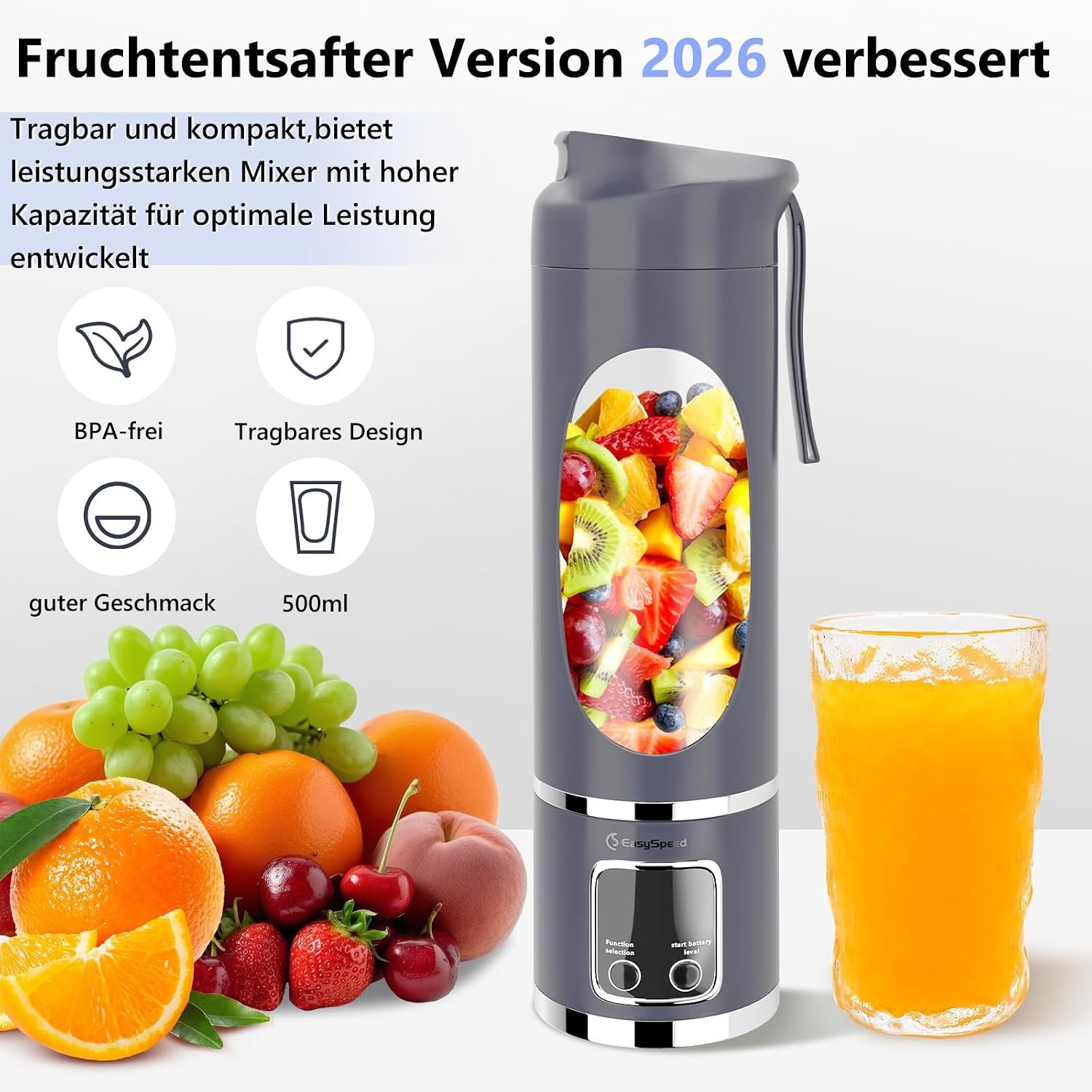 EasySpeed Draagbare mixer, 450 ml persoonlijke mini-mixer, 1200 mAh elektrische USB type C over, 10 roestvrijstalen messen, 3 snelheidsinstellingen, voor reizen en kantoorgebruik, blauw
