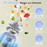 EasySpeed Draagbare mixer, 450 ml persoonlijke mini-mixer, 1200 mAh elektrische USB type C over, 10 roestvrijstalen messen, 3 snelheidsinstellingen, voor reizen en kantoorgebruik, blauw