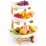 Fruitetagère keramische fruitschaal met 3 etages, fruitbord, 3 niveaus, fruitetagère, fruitschaal, etagère met bamboestandaard, serveerschaal voor keuken, fruit, groenten, snacks, snoep