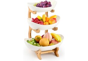 Fruitetagère Keramisch 3 Etages met Bamboe Standaard | 50% Korting