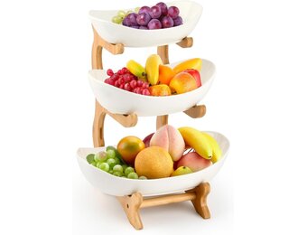 Fruitetagère keramische fruitschaal met 3 etages, fruitbord, 3 niveaus, fruitetagère, fruitschaal, etagère met bamboestandaard, serveerschaal voor keuken, fruit, groenten, snacks, snoep